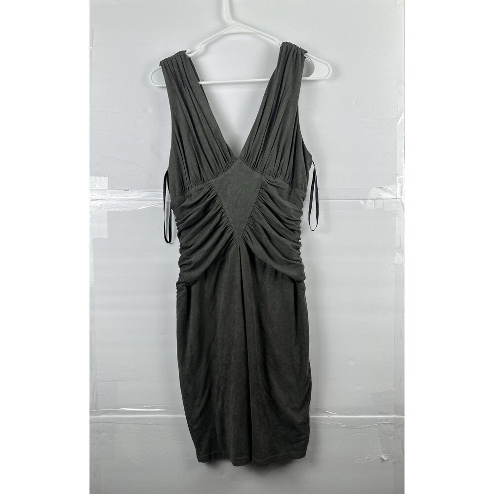 Bebe Plunge Neck Bodycon Dress Olive Grey Ruched Waist Side Zip Size M
